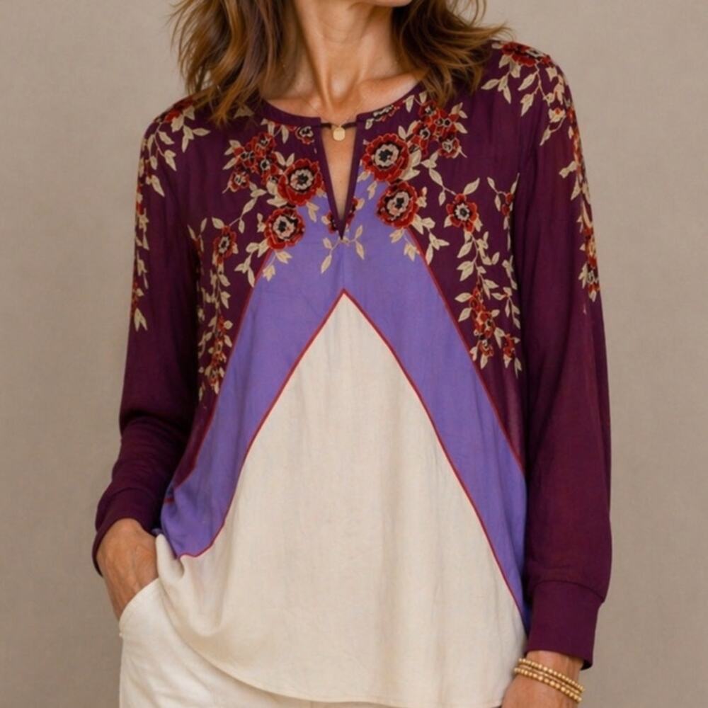 Suzanne Betro 3X Chiffon Tunic Top Colorful Floral Long Flare Sleeve Art to Wear